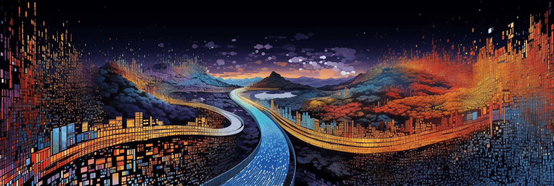 Illustration of data running down a river like stream into a valley.